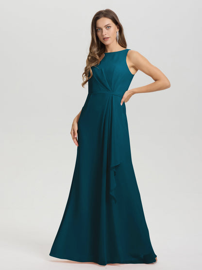Boat Neck Sleeveless Ruffles Key Hole Back Chiffon Bridesmaid Dress