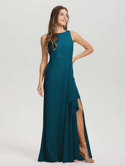 Boat Neck Sleeveless Ruffles Key Hole Back Chiffon Bridesmaid Dress