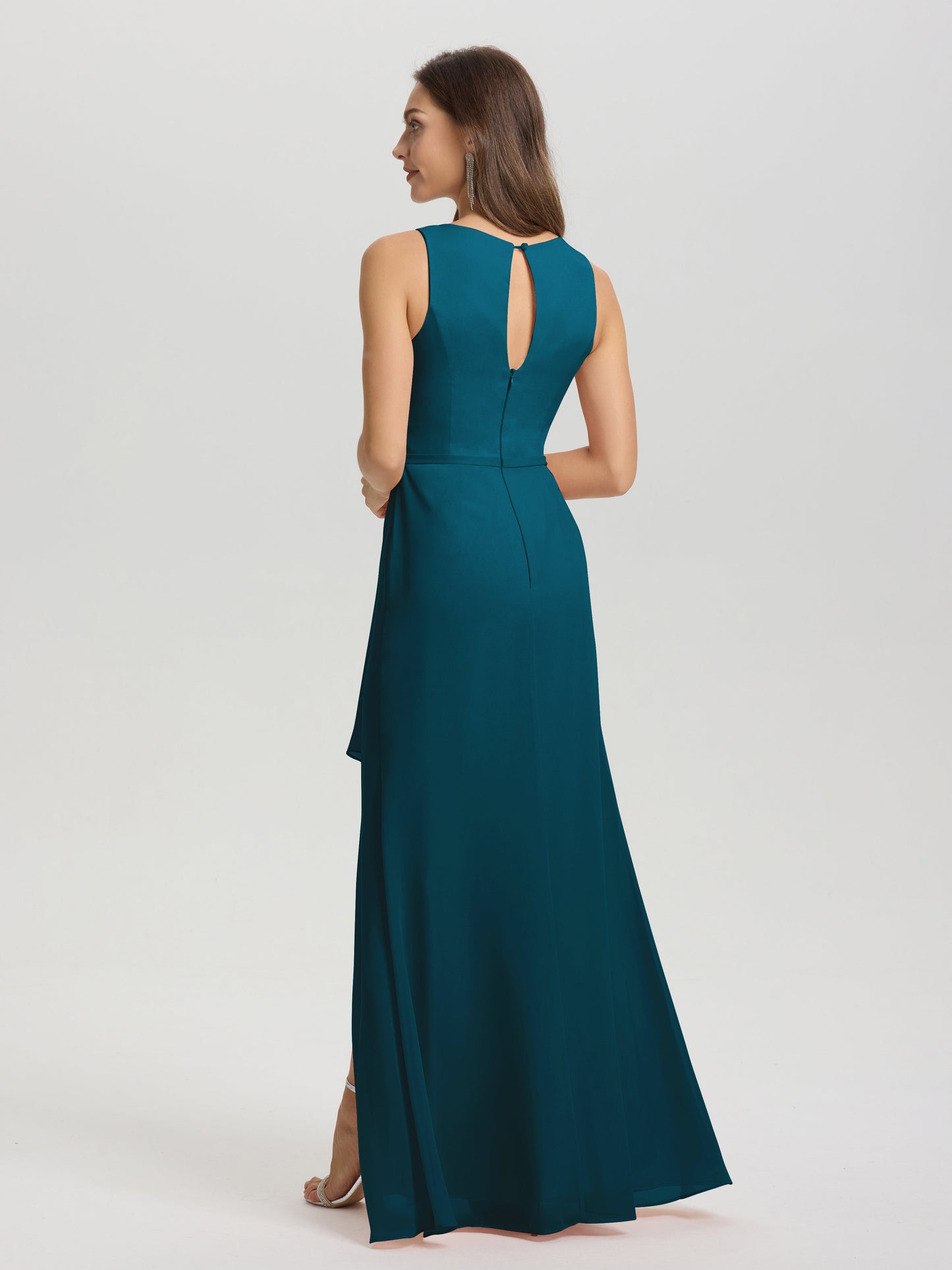 Boat Neck Sleeveless Ruffles Key Hole Back Chiffon Bridesmaid Dress