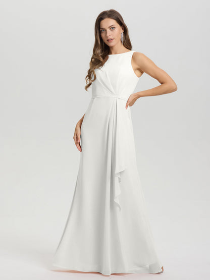 Boat Neck Sleeveless Ruffles Key Hole Back Chiffon Bridesmaid Dress