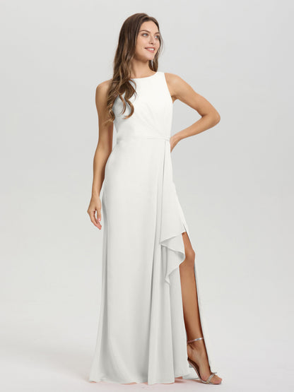 Boat Neck Sleeveless Ruffles Key Hole Back Chiffon Bridesmaid Dress