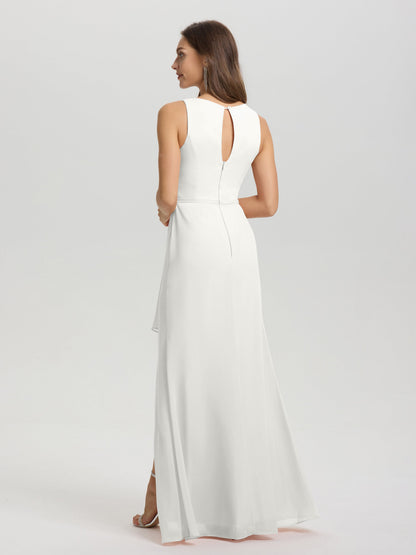 Boat Neck Sleeveless Ruffles Key Hole Back Chiffon Bridesmaid Dress