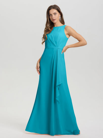 Boat Neck Sleeveless Ruffles Key Hole Back Chiffon Bridesmaid Dress