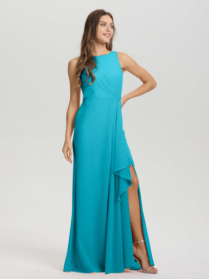 Boat Neck Sleeveless Ruffles Key Hole Back Chiffon Bridesmaid Dress