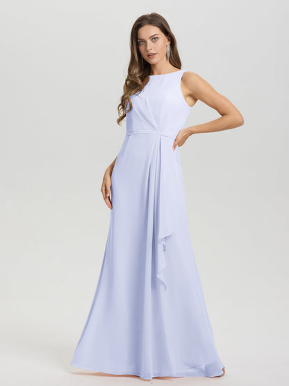 Boat Neck Sleeveless Ruffles Key Hole Back Chiffon Bridesmaid Dress
