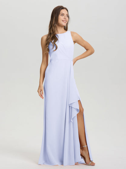 Boat Neck Sleeveless Ruffles Key Hole Back Chiffon Bridesmaid Dress