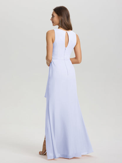 Boat Neck Sleeveless Ruffles Key Hole Back Chiffon Bridesmaid Dress