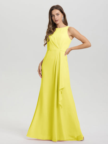 Boat Neck Sleeveless Ruffles Key Hole Back Chiffon Bridesmaid Dress