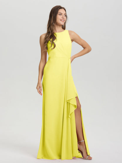 Boat Neck Sleeveless Ruffles Key Hole Back Chiffon Bridesmaid Dress