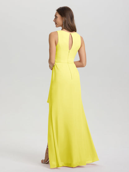 Boat Neck Sleeveless Ruffles Key Hole Back Chiffon Bridesmaid Dress