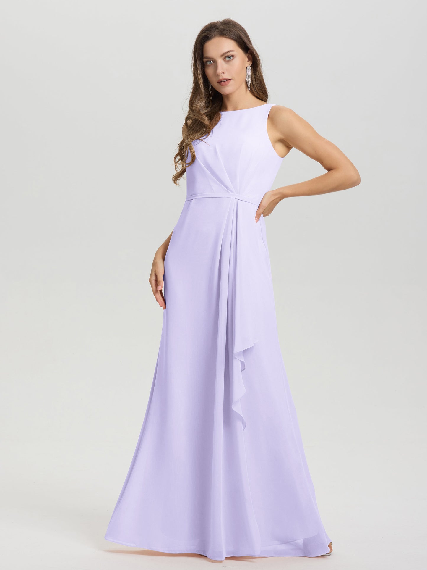 Boat Neck Sleeveless Ruffles Key Hole Back Chiffon Bridesmaid Dress