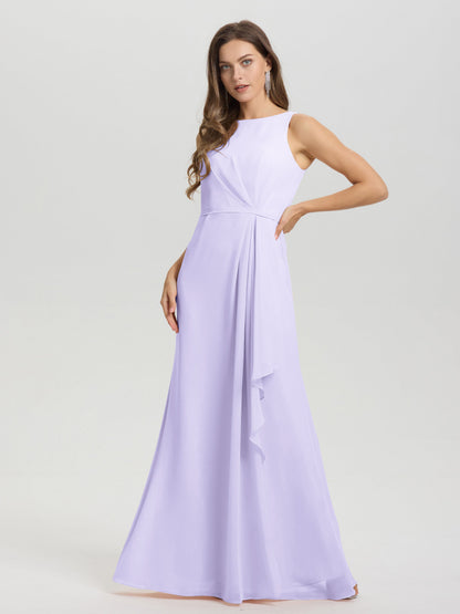 Boat Neck Sleeveless Ruffles Key Hole Back Chiffon Bridesmaid Dress