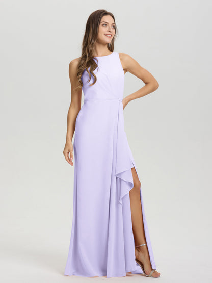 Boat Neck Sleeveless Ruffles Key Hole Back Chiffon Bridesmaid Dress