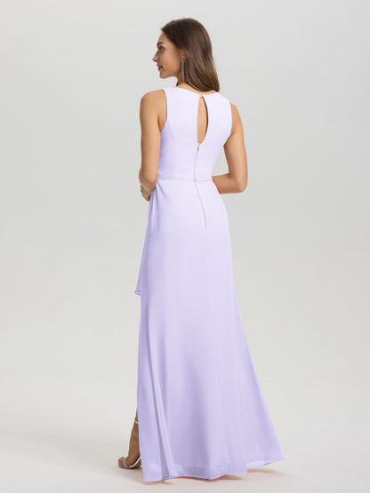 Boat Neck Sleeveless Ruffles Key Hole Back Chiffon Bridesmaid Dress