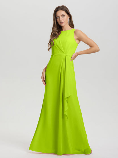 Boat Neck Sleeveless Ruffles Key Hole Back Chiffon Bridesmaid Dress