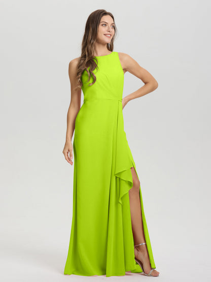Boat Neck Sleeveless Ruffles Key Hole Back Chiffon Bridesmaid Dress