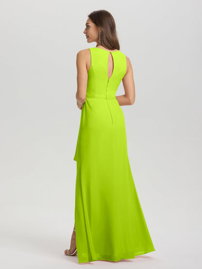 Boat Neck Sleeveless Ruffles Key Hole Back Chiffon Bridesmaid Dress