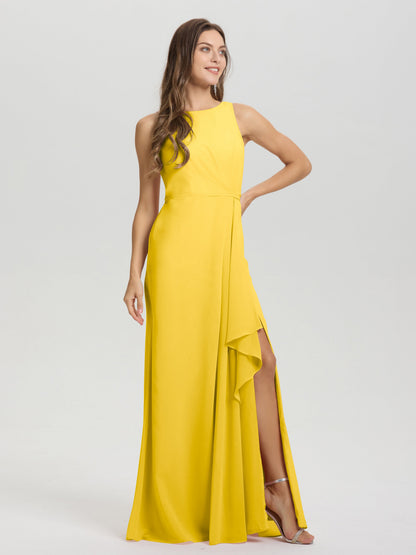 Boat Neck Sleeveless Ruffles Key Hole Back Chiffon Bridesmaid Dress