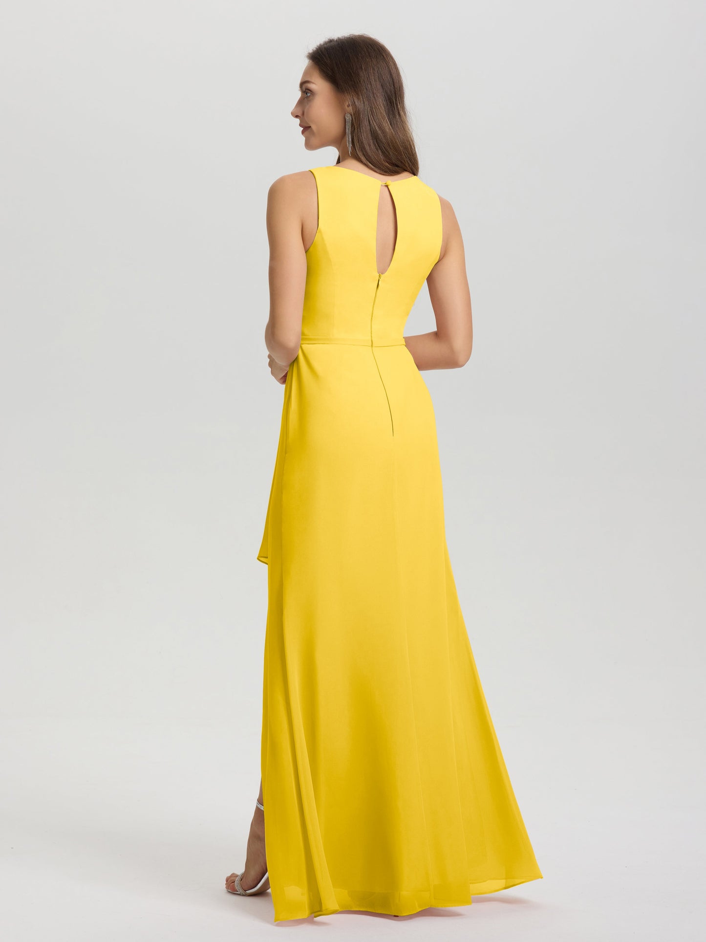 Boat Neck Sleeveless Ruffles Key Hole Back Chiffon Bridesmaid Dress