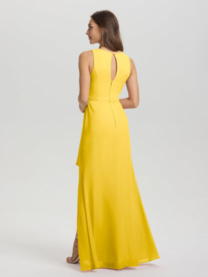 Boat Neck Sleeveless Ruffles Key Hole Back Chiffon Bridesmaid Dress