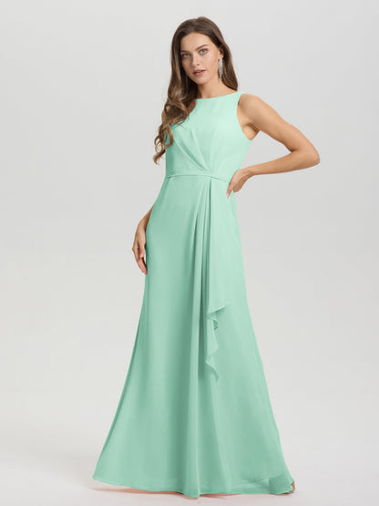Boat Neck Sleeveless Ruffles Key Hole Back Chiffon Bridesmaid Dress