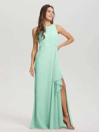 Boat Neck Sleeveless Ruffles Key Hole Back Chiffon Bridesmaid Dress