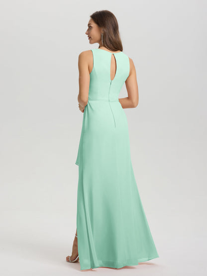 Boat Neck Sleeveless Ruffles Key Hole Back Chiffon Bridesmaid Dress