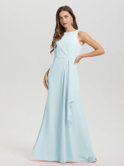 Boat Neck Sleeveless Ruffles Key Hole Back Chiffon Bridesmaid Dress