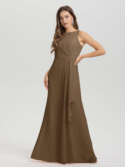 Boat Neck Sleeveless Ruffles Key Hole Back Chiffon Bridesmaid Dress
