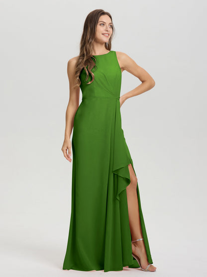 Boat Neck Sleeveless Ruffles Key Hole Back Chiffon Bridesmaid Dress