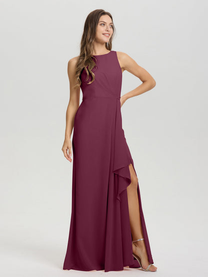 Boat Neck Sleeveless Ruffles Key Hole Back Chiffon Bridesmaid Dress