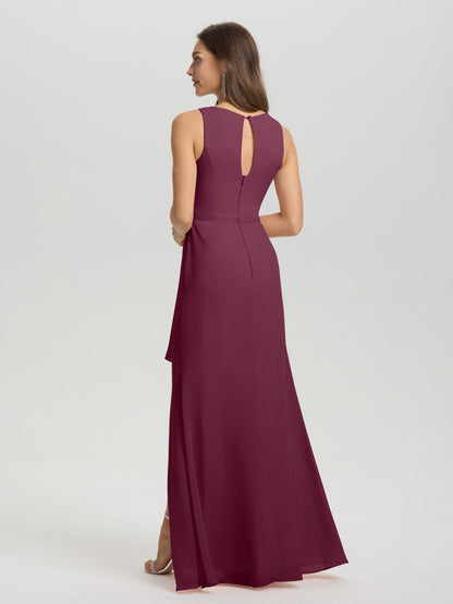Boat Neck Sleeveless Ruffles Key Hole Back Chiffon Bridesmaid Dress