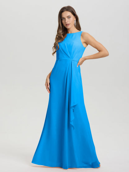 Boat Neck Sleeveless Ruffles Key Hole Back Chiffon Bridesmaid Dress