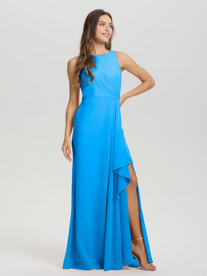 Boat Neck Sleeveless Ruffles Key Hole Back Chiffon Bridesmaid Dress