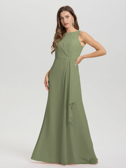 Boat Neck Sleeveless Ruffles Key Hole Back Chiffon Bridesmaid Dress