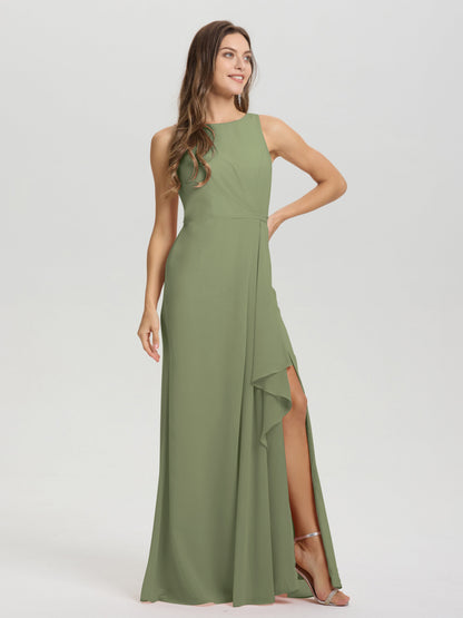 Boat Neck Sleeveless Ruffles Key Hole Back Chiffon Bridesmaid Dress