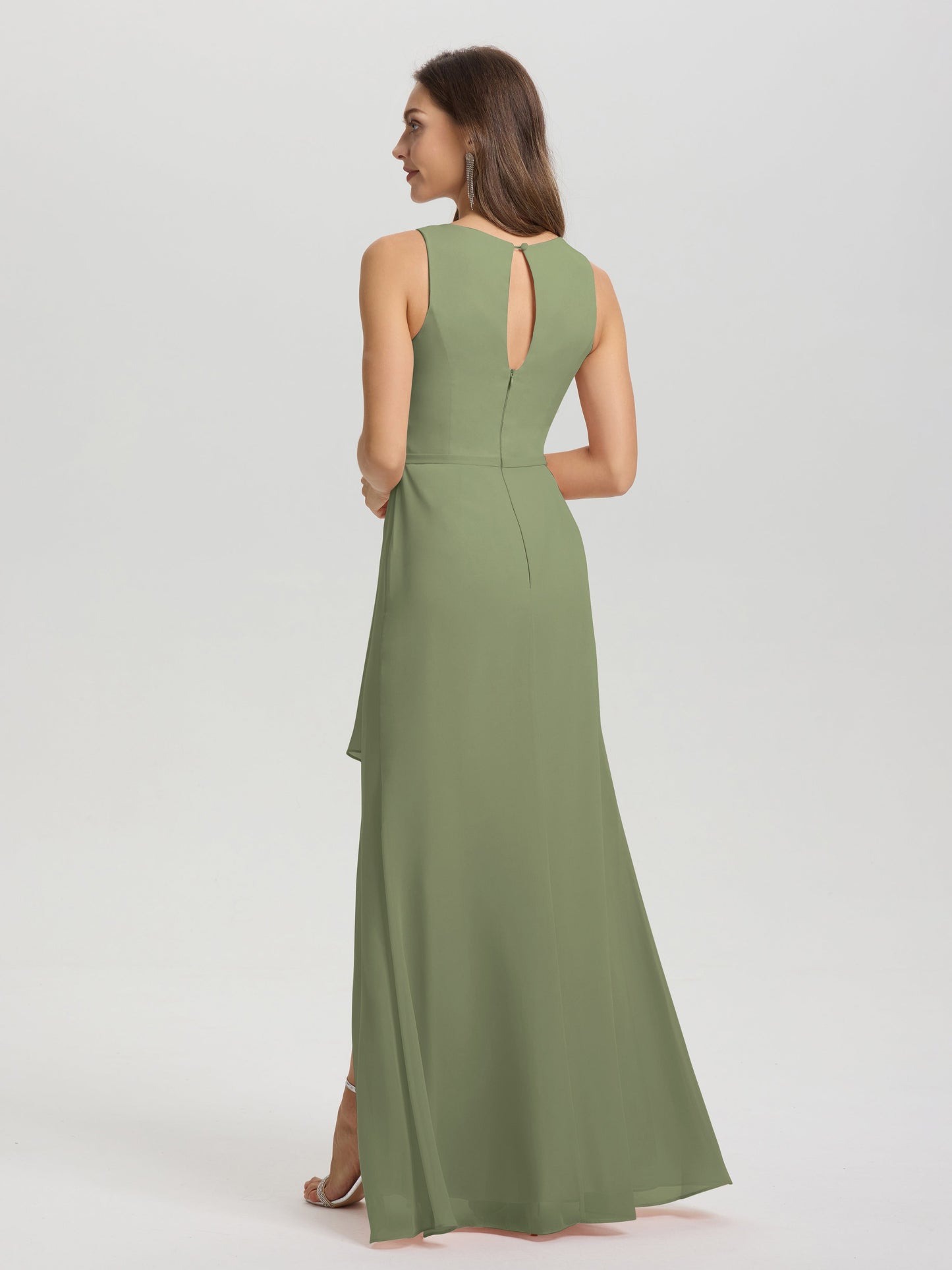 Boat Neck Sleeveless Ruffles Key Hole Back Chiffon Bridesmaid Dress
