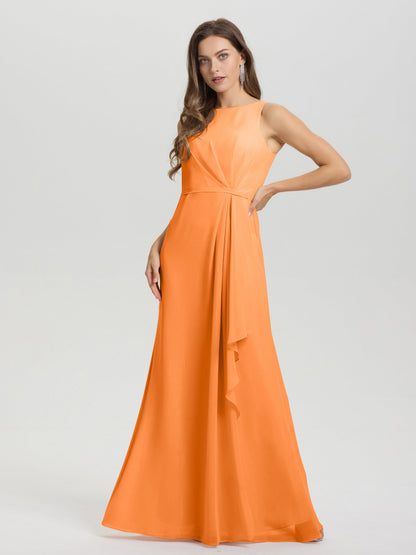 Boat Neck Sleeveless Ruffles Key Hole Back Chiffon Bridesmaid Dress
