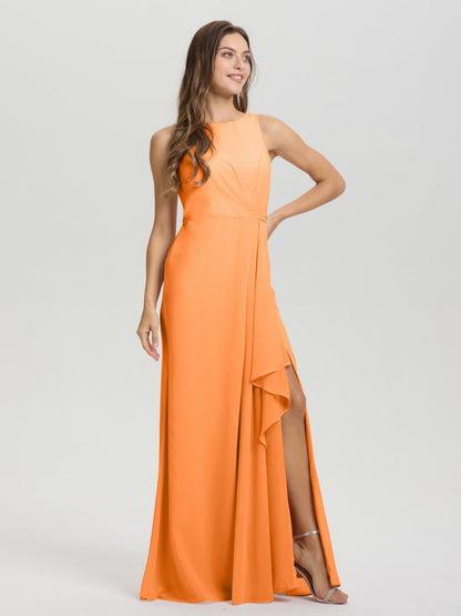 Boat Neck Sleeveless Ruffles Key Hole Back Chiffon Bridesmaid Dress