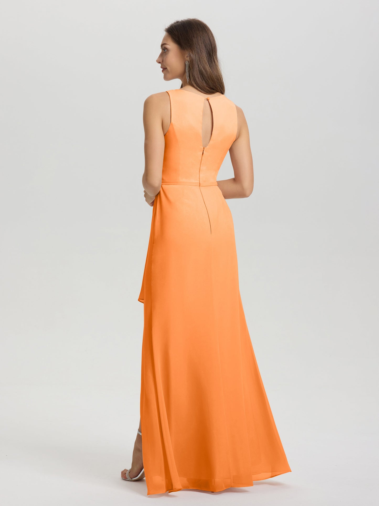 Boat Neck Sleeveless Ruffles Key Hole Back Chiffon Bridesmaid Dress