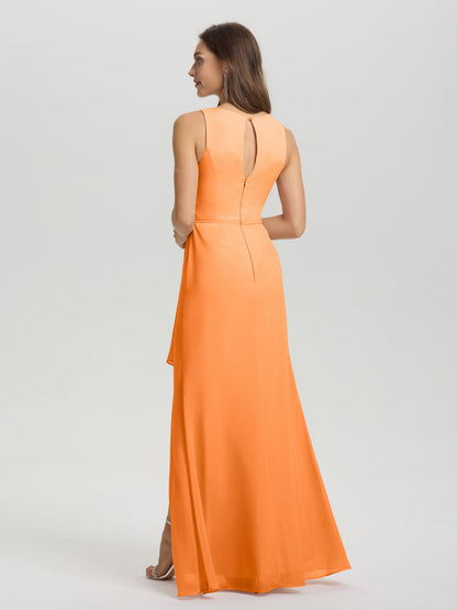 Boat Neck Sleeveless Ruffles Key Hole Back Chiffon Bridesmaid Dress