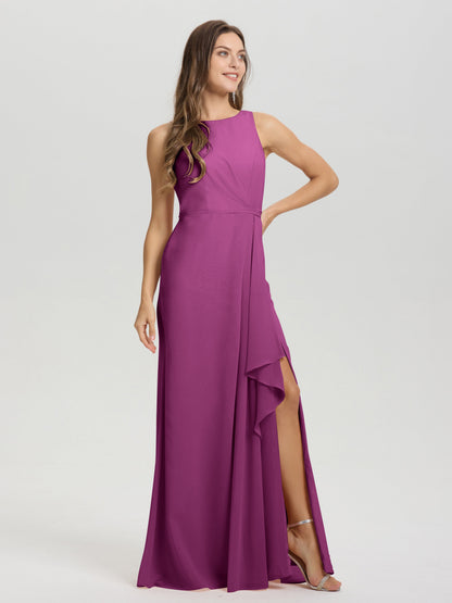 Boat Neck Sleeveless Ruffles Key Hole Back Chiffon Bridesmaid Dress