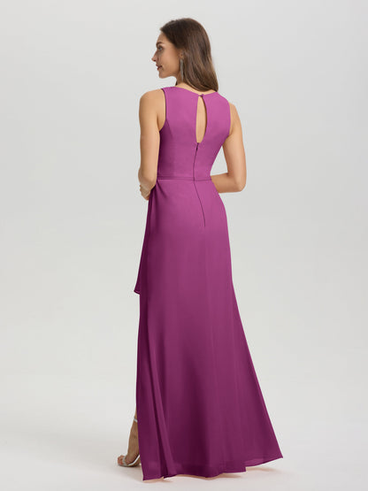 Boat Neck Sleeveless Ruffles Key Hole Back Chiffon Bridesmaid Dress