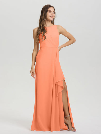 Boat Neck Sleeveless Ruffles Key Hole Back Chiffon Bridesmaid Dress