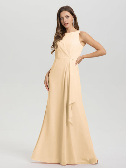 Boat Neck Sleeveless Ruffles Key Hole Back Chiffon Bridesmaid Dress