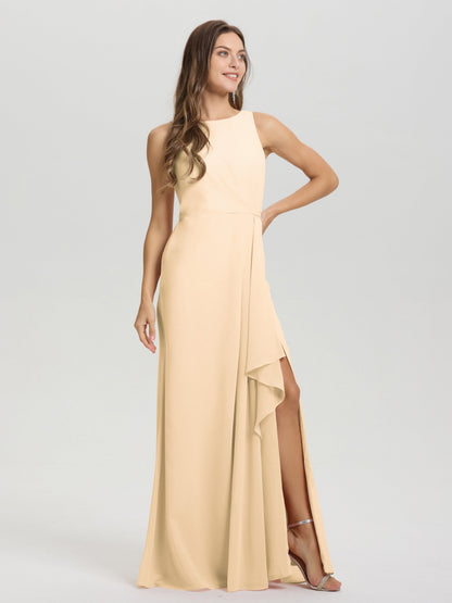 Boat Neck Sleeveless Ruffles Key Hole Back Chiffon Bridesmaid Dress