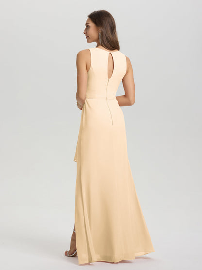 Boat Neck Sleeveless Ruffles Key Hole Back Chiffon Bridesmaid Dress