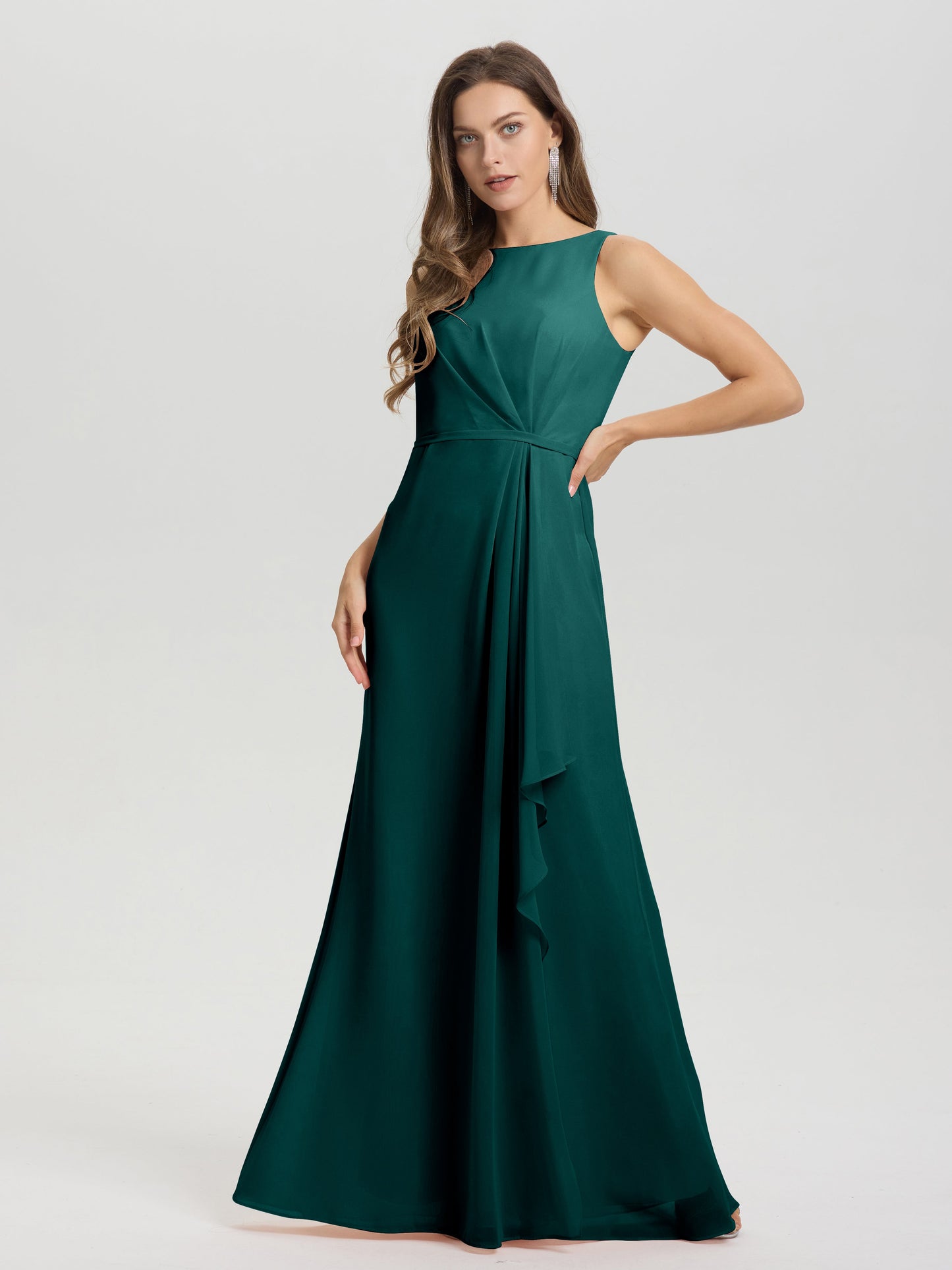 Boat Neck Sleeveless Ruffles Key Hole Back Chiffon Bridesmaid Dress
