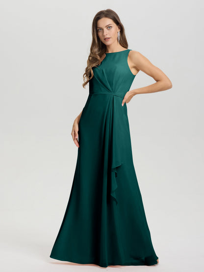 Boat Neck Sleeveless Ruffles Key Hole Back Chiffon Bridesmaid Dress