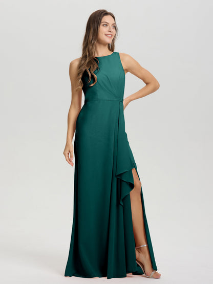 Boat Neck Sleeveless Ruffles Key Hole Back Chiffon Bridesmaid Dress